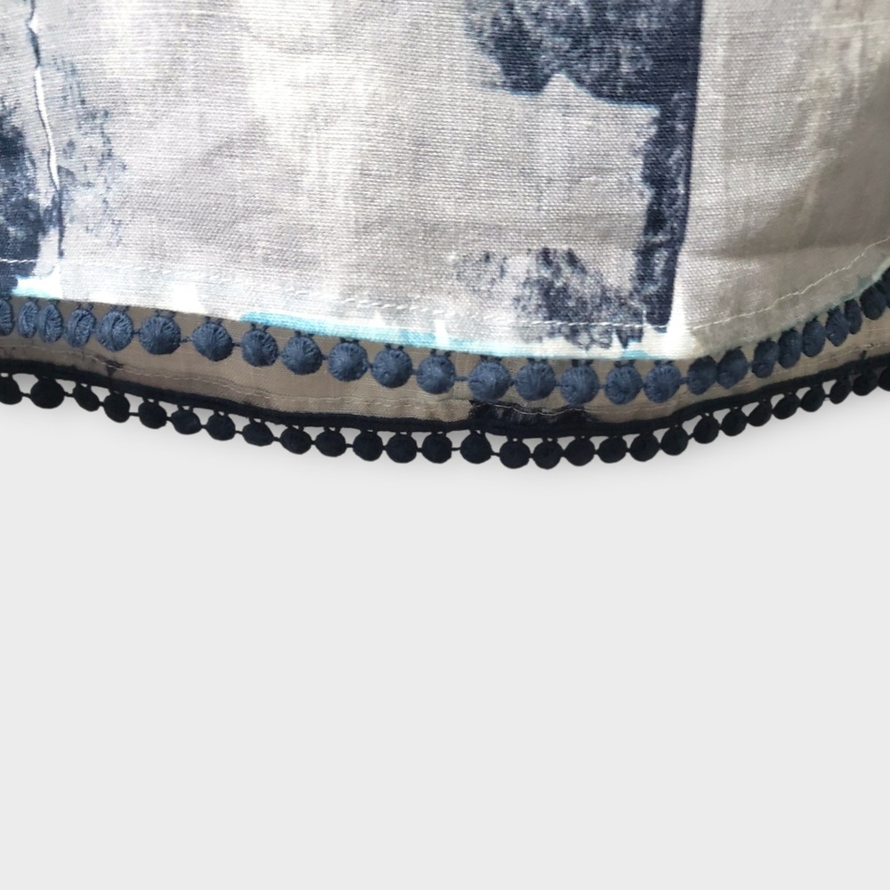 FOIL 100% Linen Abstract Block Print Shift Dress Blue Pom Pom Hem Sz 14 - Picture 3 of 11